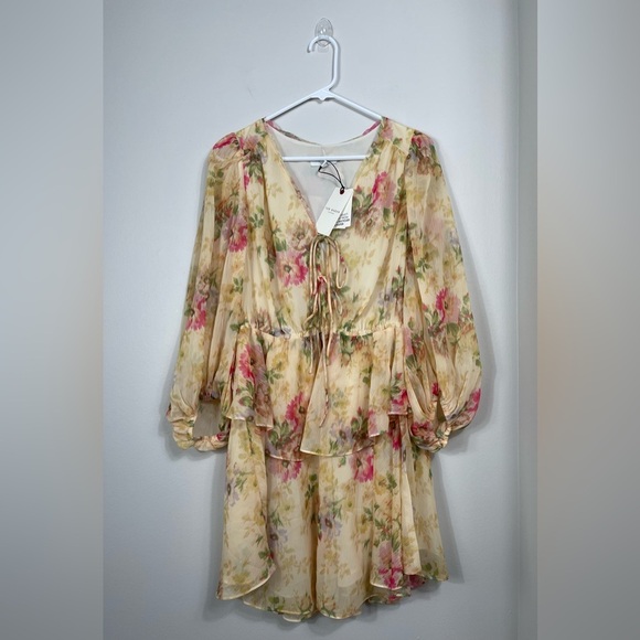 Ted Baker V-Neck GGT Printed Tie-front Mini Floral Chiffon Dress Yellow Accents - Picture 2 of 16